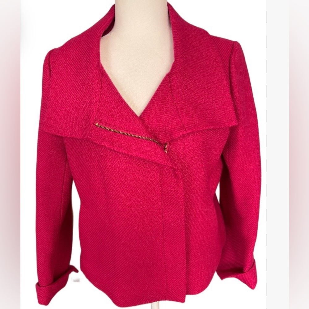 Talbots Asymmetrical Wool Blend Raspberry Pink Zip Jacket Size 10P Edgy Classic
